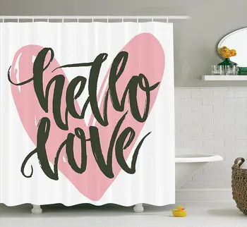 

Vintage Shower Curtain Lettering Poster With A Phrase Hello Love Over Heart Shape Illustration Art, Bathroom(72"x72")