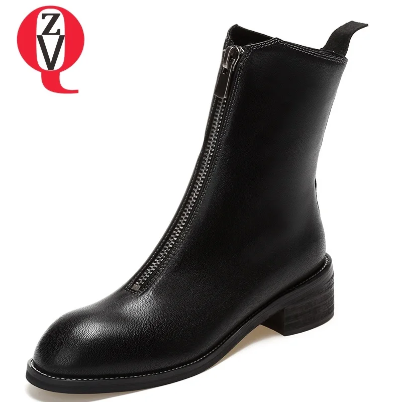 

ZVQ 2018 new concise round toe low square heel front zip black and white winter warm ankle boots outside solid women shoes