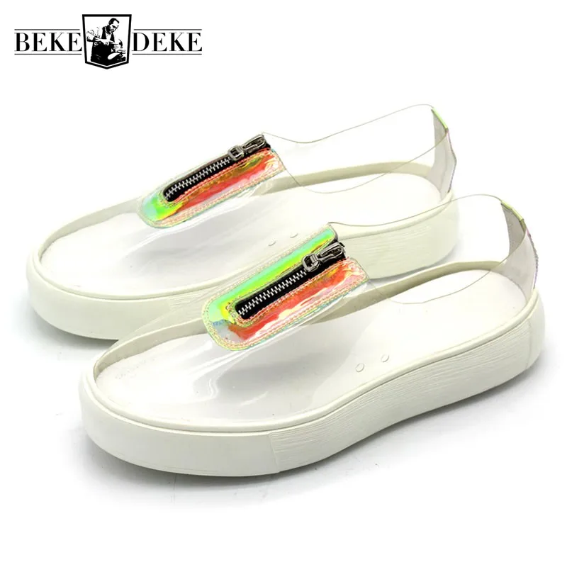 

2018 New Harajuku Mens Transparent Casual Shoes Zip Designer Slip On Loafers Thick Platform Skateboard Shoes Footwear Plus Size