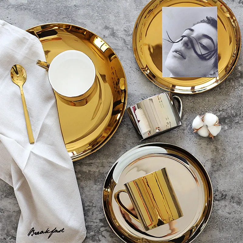 Online 1 Uds. De cerámica Europea chapada en oro placa de cerámica plato de cena tazón 8 pulgadas 10 pulgadas porcelana taza de café plato de postre