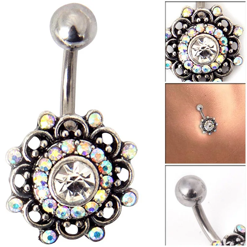 New Vintage Flower Navel Piercing Crystal Belly Button Rings Summer