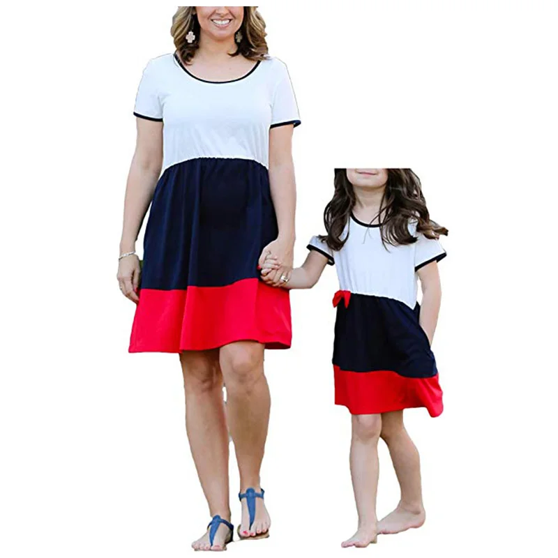 

IMCUTE New Summer Elegant Short Sleeve Contrast Color Family Matching Mother and Daughter Dress