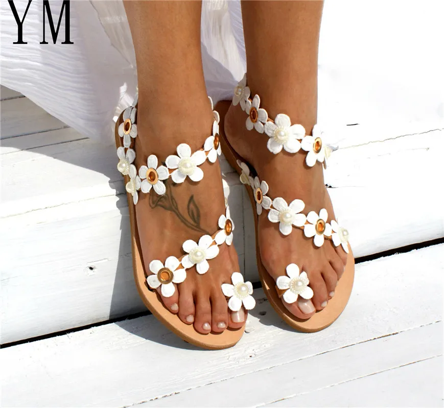

Outdoor Slippers Sandals Foot Ring straps Roman Sandals Low slope with Flower Women's shoes Flat heel shoes Sandals Mujer Big43