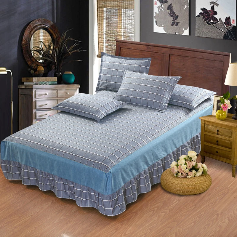 Синий серый полосатый постельный комплект с юбкой для кровати, матрас, защитная наволочка, чехол с принтом, король, королева, полный комплект постельного белья