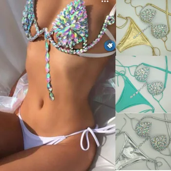

New Crystal Pendant Bikinis Set Sexy Push Up Rhinestone Diamond Swimwear Female Cut Out Strappy Beach Swimming Suit Biquini