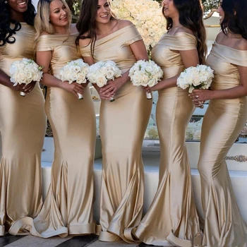 

Bridesmaid Dresses 2019 Elegant Boat Neck Satin Sheath Long Bridesmaid Dresses Ruched Wedding Guest Maid Of Honor Dresses-in Bri