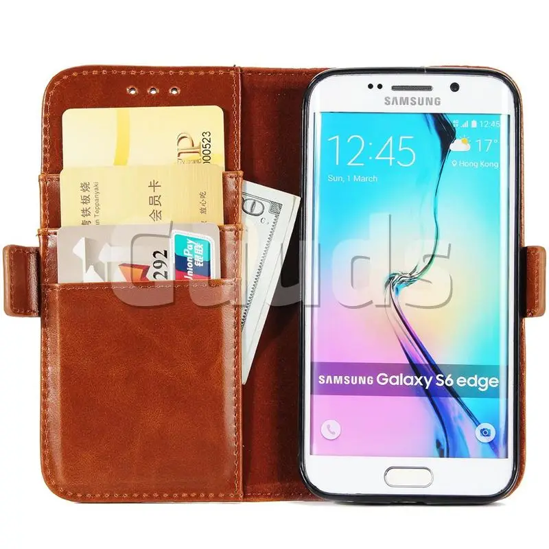 Luxury Crazy Horse PU Leather Wallet Case for Samsung Galaxy S6 Edge G925 - Brown