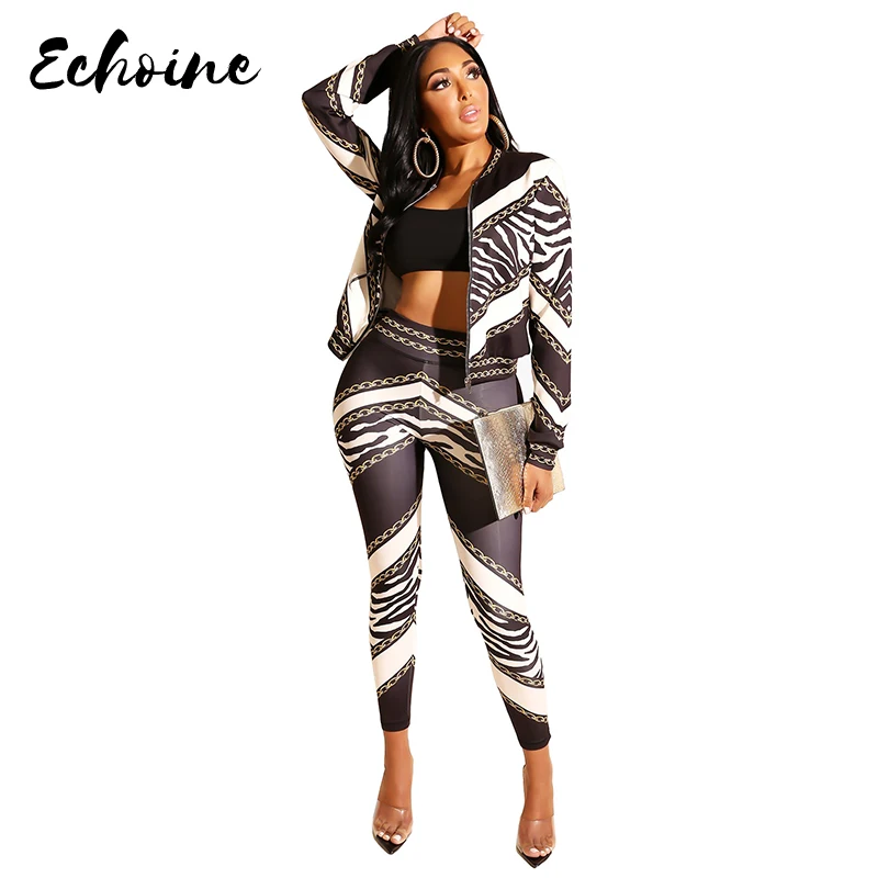 

Echoine Vintage Chain Stripes Print Zipper Up Trench Top Jackets Pencil Long Pants Suits Two Piece Suit Tracksuit Outfits Women