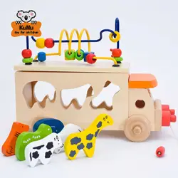 Дети раннего образования Деревянные Монтессори вокруг бусины животного игрушечный автобус детские, для малышей обучающая игра малыш