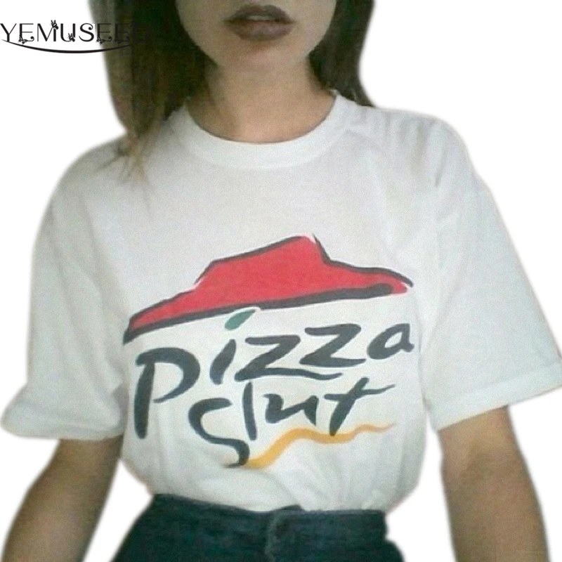 

YEMUSEED New Arrival Women Hot Casual Street White Tumblr Harajuku White Printed Pizza Tee Shirts Plus Size WMT226