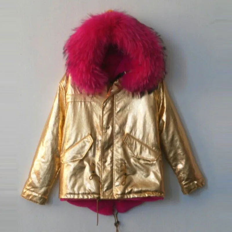 Золотой парка для Mr & Mrs одежда, горячий розовый цвет зимняя одежда, огромный воротник и капюшон, короткий стиль куртка или пальто