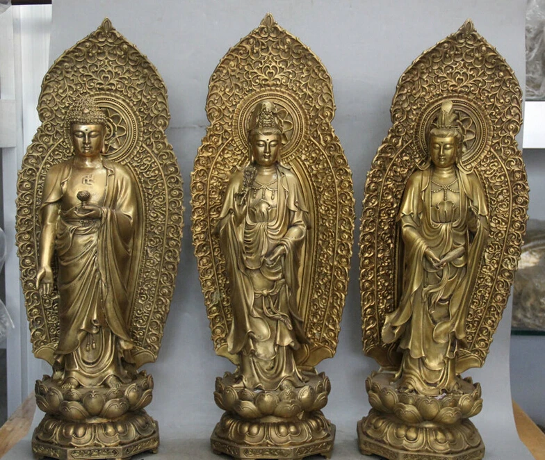 

23" Tibet Brass Stand Shakyamuni Amitabha Buddha Kwan-yin Guan Yin Statue Set R0711