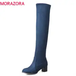 MORAZORA/Новинка 2018, модные женские сапоги выше колена из флока, пикантные женские сапоги на высоком каблуке без шнуровки, зимние сапоги на