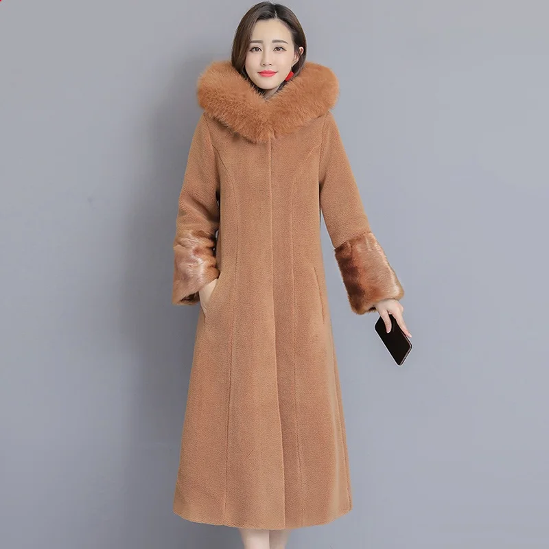 Зимняя куртка с меховым воротником, куртка с капюшоном, меховое пальто, модное свободное плотное теплое длинное пальто, большие размеры, Женское зимнее шерстяное пальто, 4XLA181