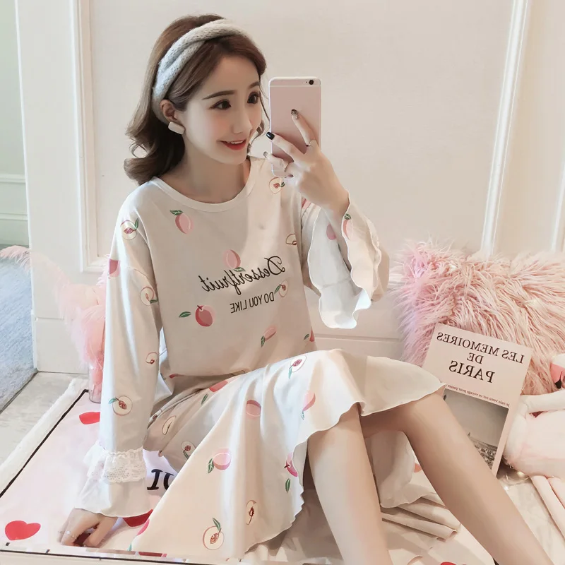 Cute Fresh Fruit Sleep Wear Night Dress Women Nightgown Long Sleeve
