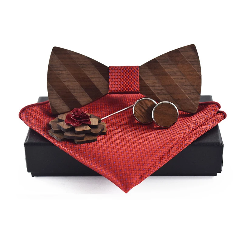  Mens Wood Bow Tie Handkerchief Cufflinks Lapel Pin Set for Male Wedding Wooden Bowtie Polyester Poc