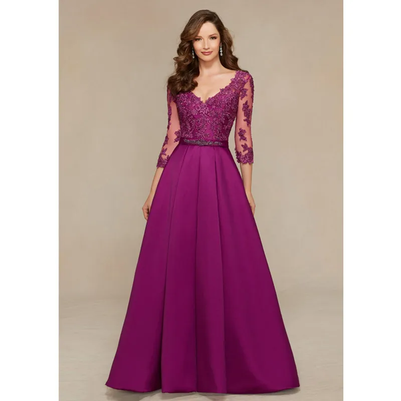 Plus Size Puffy V neck Satin Three Quarter Sleeves Mother of the Bride Dresses for Wedding | Свадьбы и торжества