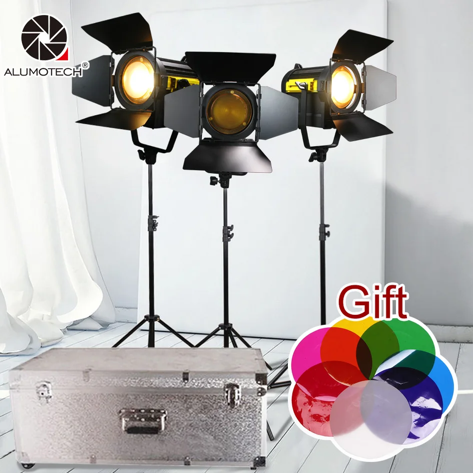

ALUMOTECH 3 PCS 150W Bi-Color LED Fresnel Spot Light+3 Stands +color gift Kit For Camera Video Studio Colorful photography