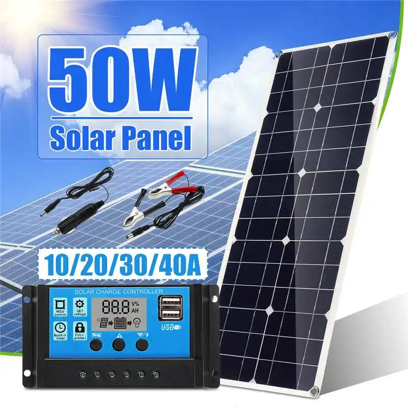 

Hot 50W solar panel With USB With 10/20/30/40/50A Dual USB Solar Panel Regulator Controller ect for car yacht RV Lights Charge
