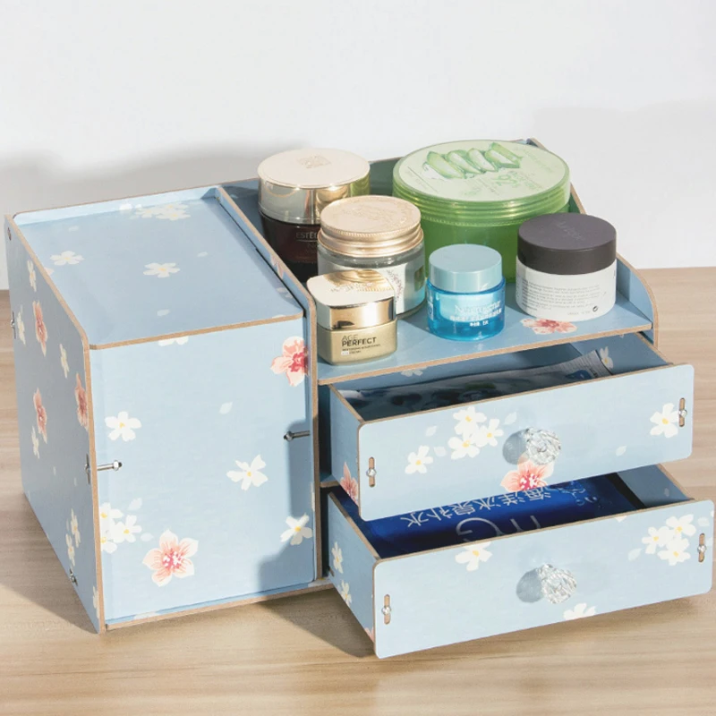 

A variety of specifications of wooden cosmetics storage box water handle with lid drawer desktop finishing separate mirror