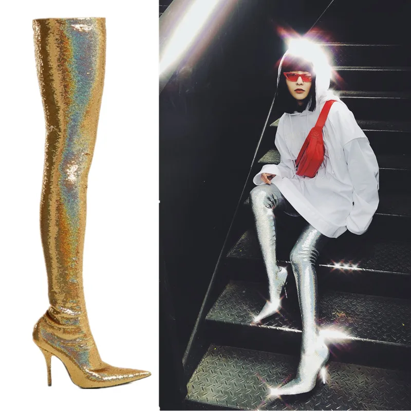 

Bling Gold Silver Glitter Over The Knee Socks Boots Women Sequins Stretch Shoes Thigh High Boots Sexy Cuissardes Femme Chaussure