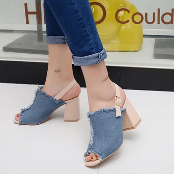 

Vogue Denim High Heel Women Mules Peep Toe Women Pumps High Heels Back Strap Fringe Summer Women Sandals Shoes SWC0020