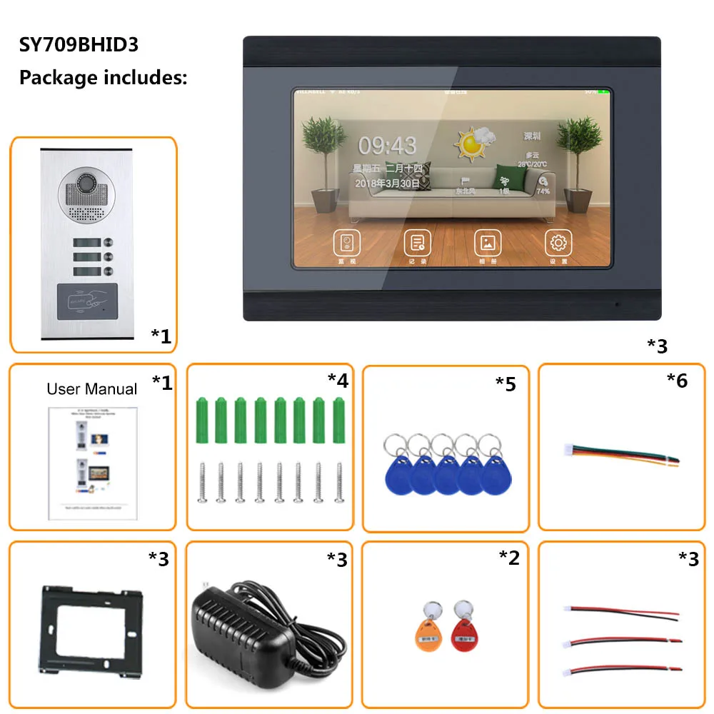 SmartYIBA 3households домофон для квартиры Wi-Fi видеодомофон RFID Доступа видео звонок приложений удаленного Запись переговорные