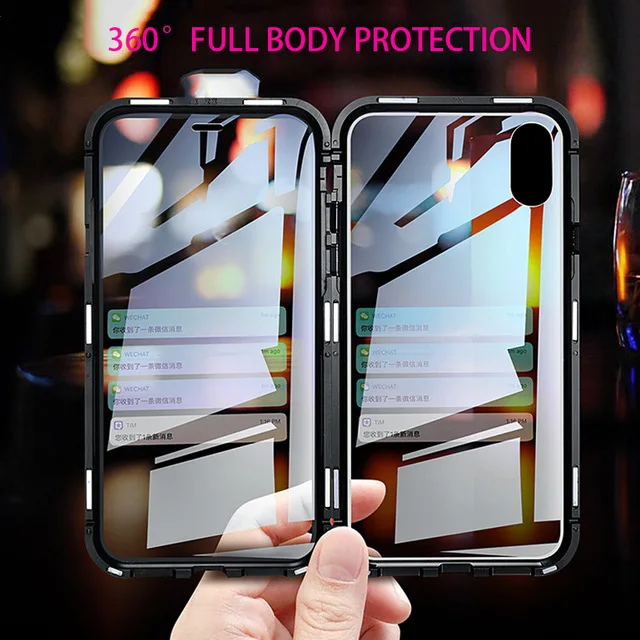 

Luxury Double sided front+back clear glass metal Magnetic case for iphone 7 8 plus iphone X XR XS Max phone case 360 cover coque