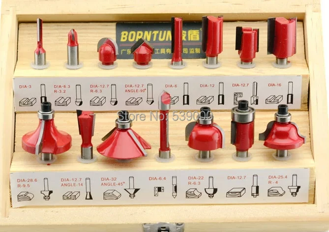 

15PCS 1/4" Professional Shank Tungsten Carbide Router Bit Set with Wood Case box