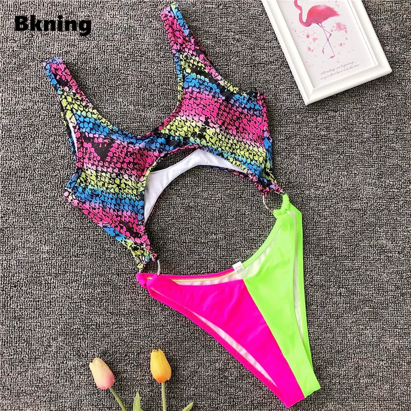 Змея купальник цельный купальный костюм для Для женщин выдалбливают Неон купальное трикини с леопардовым принтом с высокой купание костюмы Новинка года