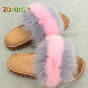 

ZDFURS* 2018 Real Fox Fur Slipper Women Slides Fashion Spring Summer Fluffy Fur Lady Mixed Colors Fur Sandals Gold