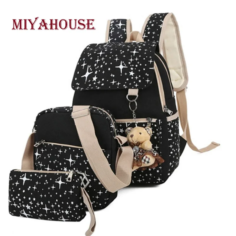 

Miyahouse High Capacity Female Composite Bags Fashion Canvas Backpacks Women 3pcs/set Travel Rucksack Teenager School Bag