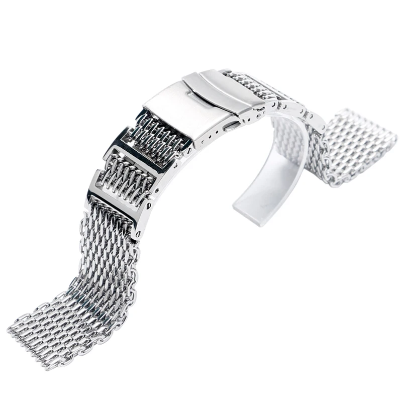 Men Shark Mesh Cool Silver Bracelet Stainless Steel Watch Band Strap Replacement Solid Link 22mm Folding 4