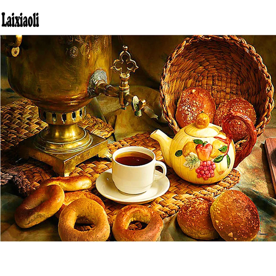 full squareround diamond painting teapot set coffee bread diy diamond embroidery mosaic restaurant kitchen decorative wall painting