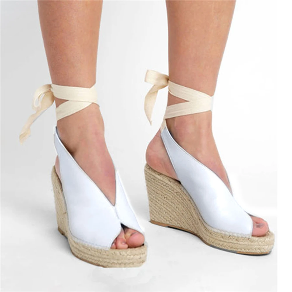

Women Peep Toe Bohemia Sandalias Mujer 2019 Espadrilles Shoes Woman Lace Up Summer Wedge Buckle Strap Platform Sandals