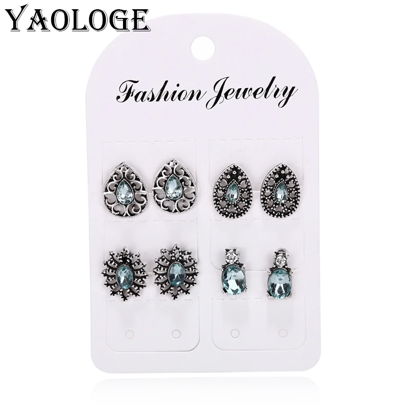 

YAOLOGE 4 Pair/set Retro Personality Hollow Drop Geometric Crystal Stud Earrings Set Bohemian For Women Charm Party Jewelry New