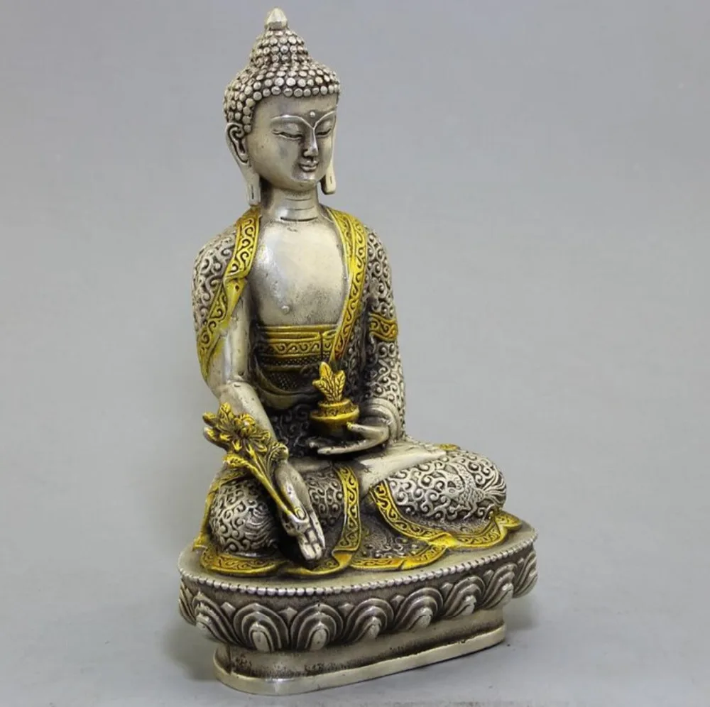 

Antique 8" Old Tibet Tibetan Buddhist tibet silver Gilt Shakyamuni Buddha Statue