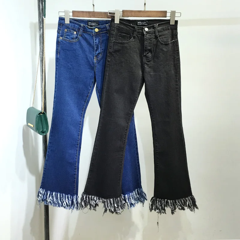 Unique Design Woman Tassel Denim Wide Leg Pants Fashion Sexy Tassel Ankle Length Trousers Elastic Female