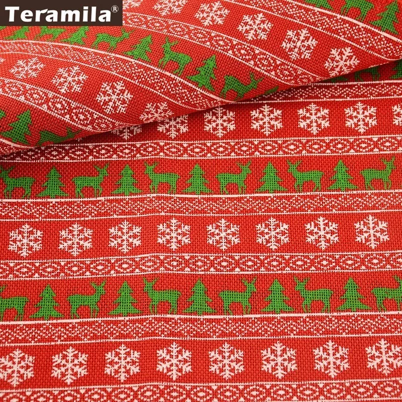 

Teramila Linen Fabric Red Sewing 50cmx150cm Quilting Printed Christmas Deers Trees Snowflake Patterns Crafts for Sewing Textile