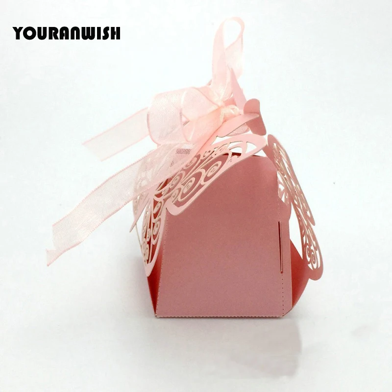 50 шт. лазерная резка; Цвет Белый свадебная сувенирная коробка конфет в форме Бумага коробка, Детские вечерние душ коробка с лентой-розовый
