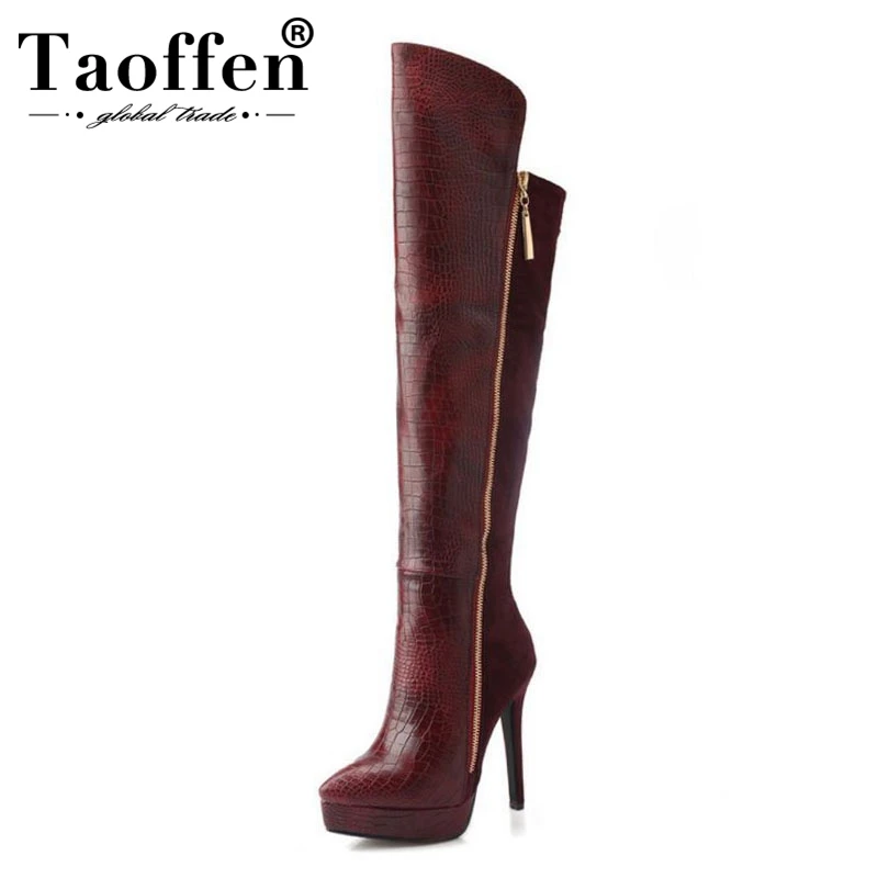 

TAOFFEN Women Genuine Leather Pointed Toe Platform Over Knee Boots Woman Fashion Zipper Thin High Heel Shoes Footwear Size 33-38