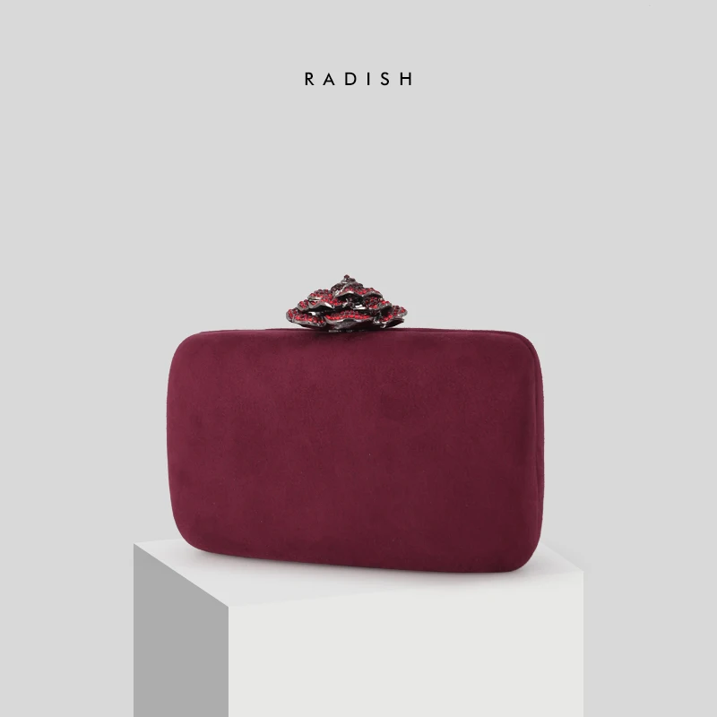 

RADISH Flower Metal Button Design Hand Bag Simple Design Vintage Elegant Velour Party Dinner Clutches Bag