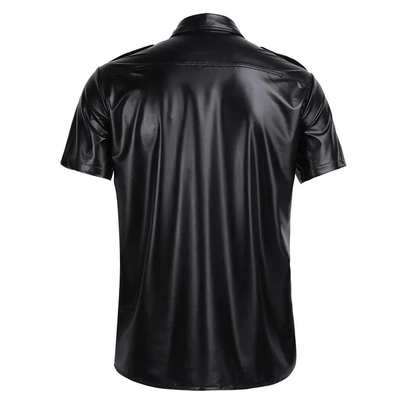 Mens sexy Soft faux leather t shirts Male black Tees tight shirts Undershirts As Police Uniform Shirt Tops with Down Collar