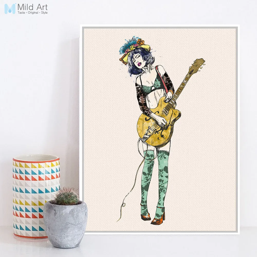 Vintage Retro Rock Roll Guitar Girl Music Poster and Prints Living Room