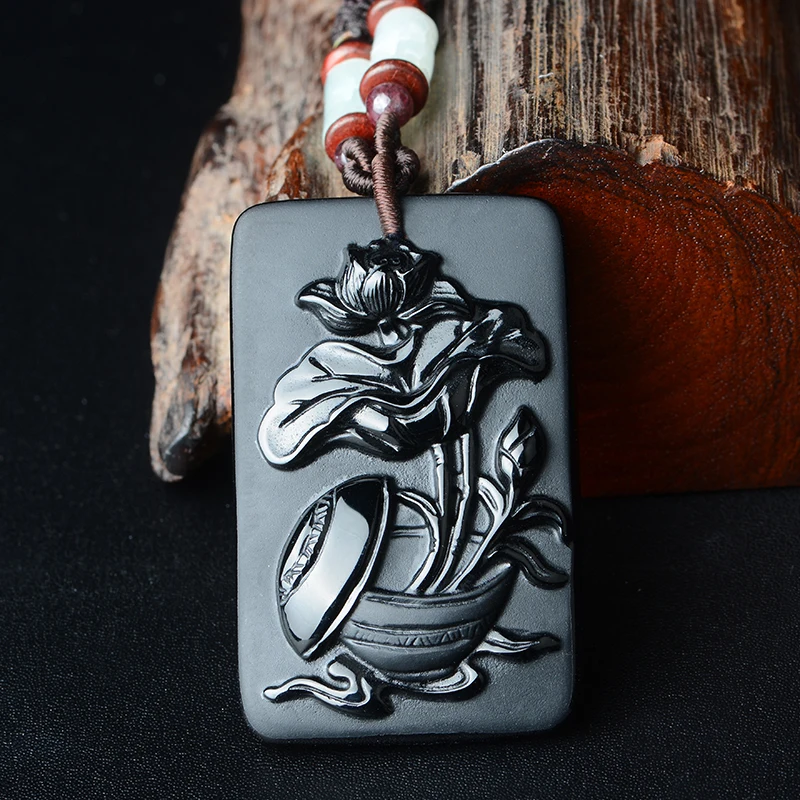 

PUHOLY/ belwide jewelry Wujin natural Obsidian Pendant Necklace auspicious lotus lotus