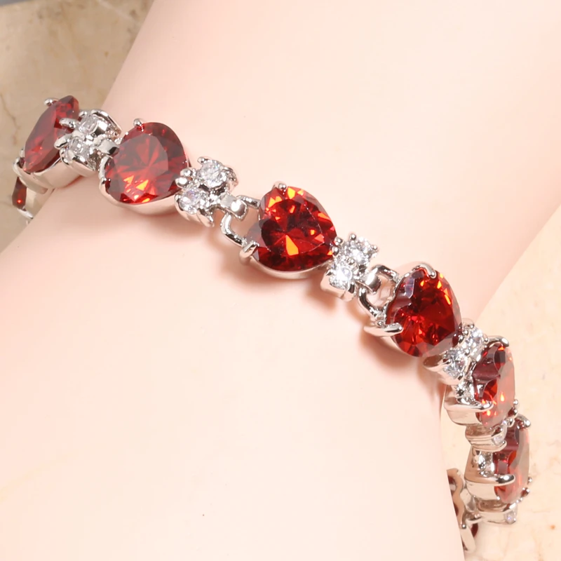 

Heart LOVE Red Garnet White Zircon 925 Sterling Silver Gems Link Chain Bracelet 6 7 Inch L10063