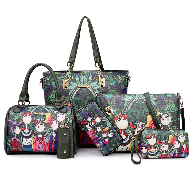 

Women 6 Pcs/set Handbag Composite Bag Fashion Print Forest Pattern Shoulder Bags Crossbody Bags Female Wallets Purse Key Sets