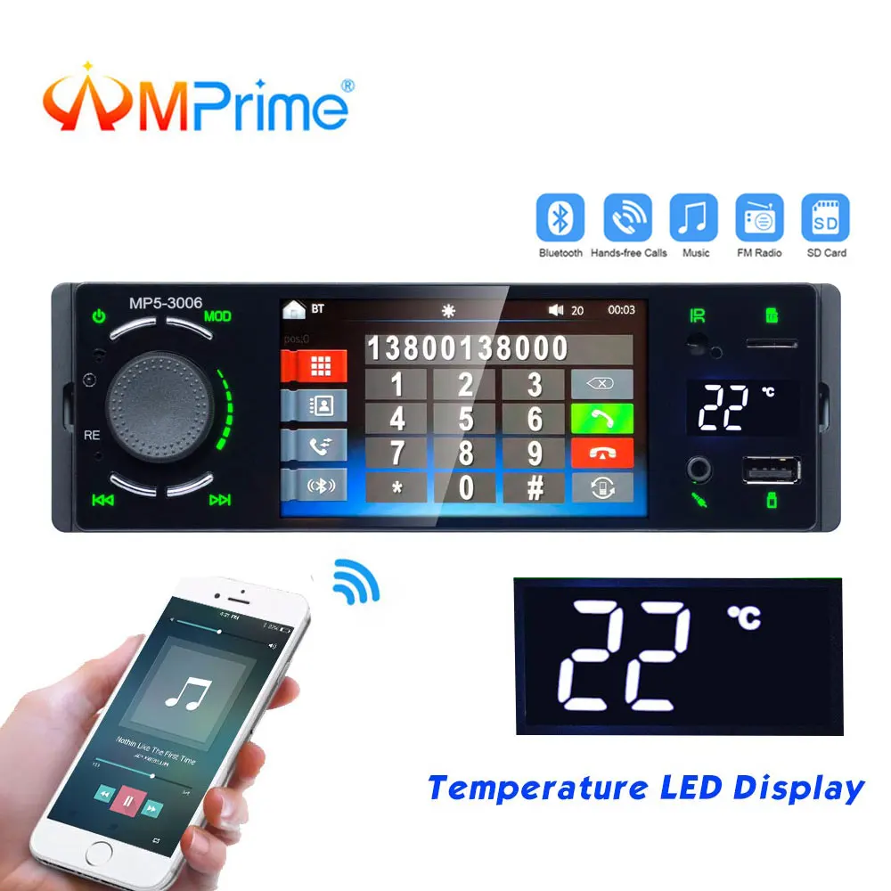 

AMPrime 1 Di Car Radio Bluetooth 4" Autoradio Touch Screen Stereo Audio Video MP5 USB TF Temperature Display Handsfree In-dash