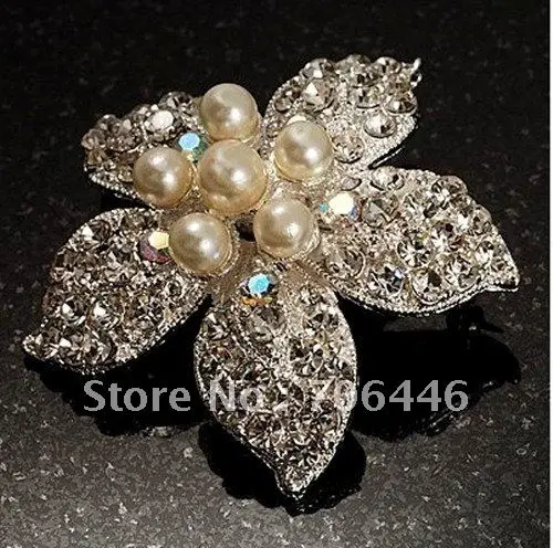 Красивый посеребренный Украшенные стразами и Крем pearl корсаж букет, цветок, брошь на шпильке, для свадьбы