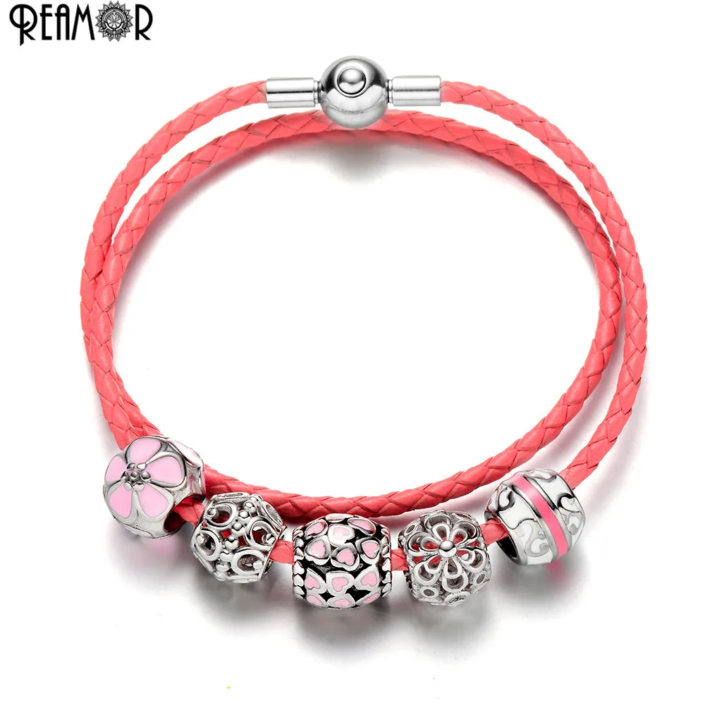 

REAMOR Stainless Steel Hollow Beads Women Bracelet Pink Genuine Leather Braided Beaded Charm Bracelet Women Rope Chain Bracelet